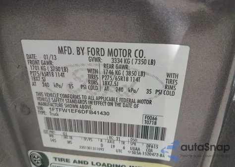 2013 Ford F-150 Xlt z USA, uszkodzony, nr VIN 1FTFW1EF6DFB41430